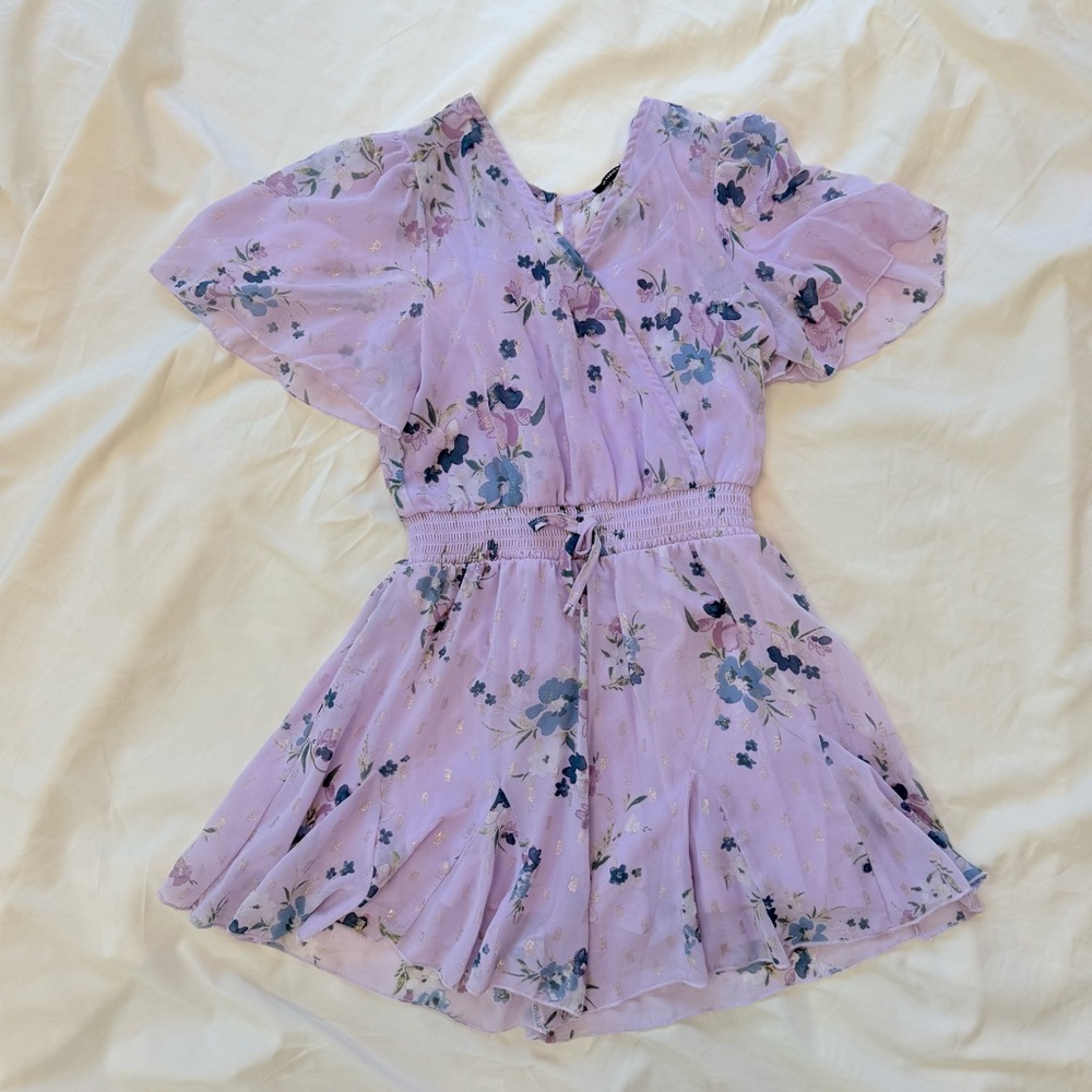 EUC. Girls floral lilac, blue and gold dress with shorts. Girls purple dress.